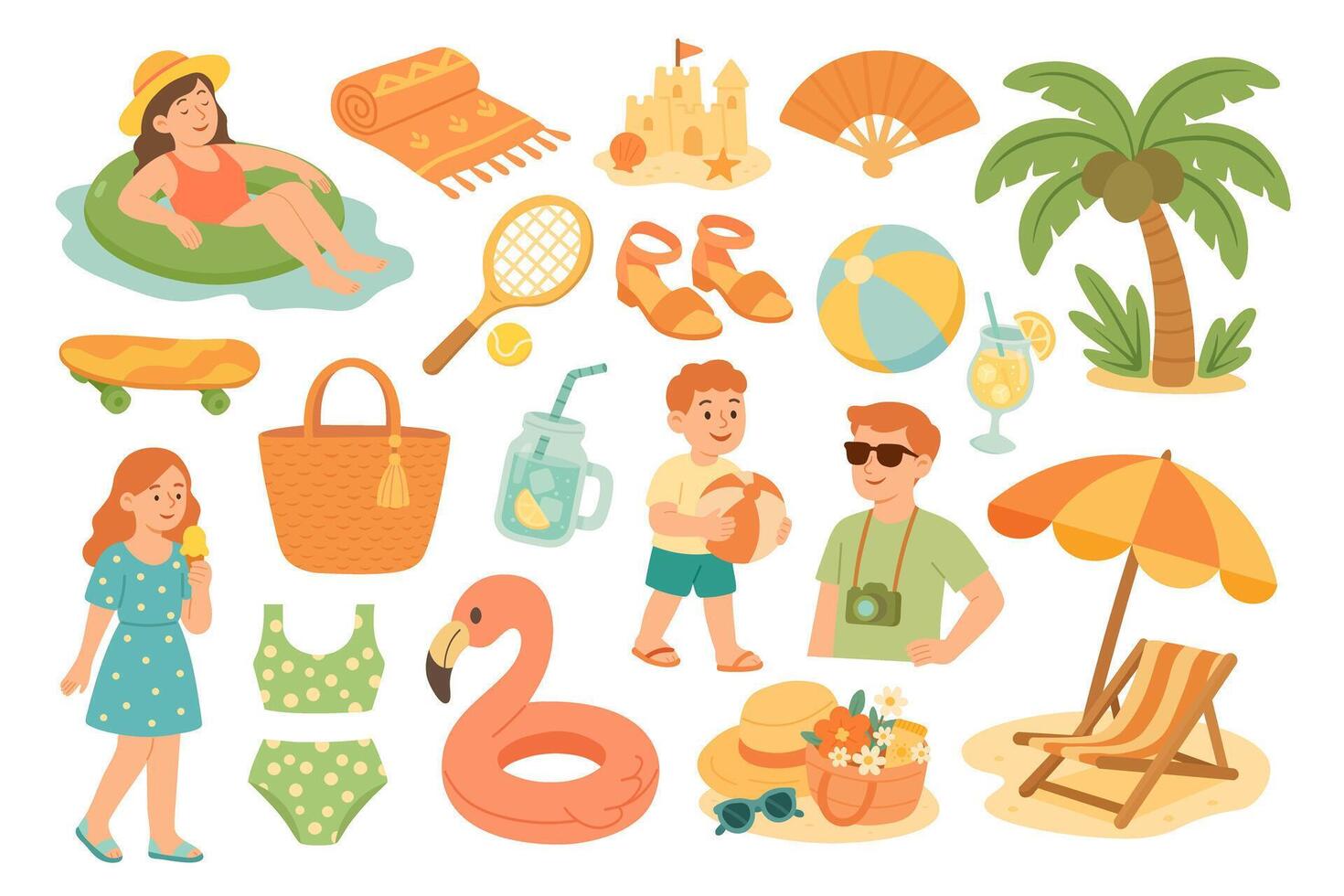 Bright cartoon beach vacation illustration with people, clothes, drinks, accessories and summer objects. vector