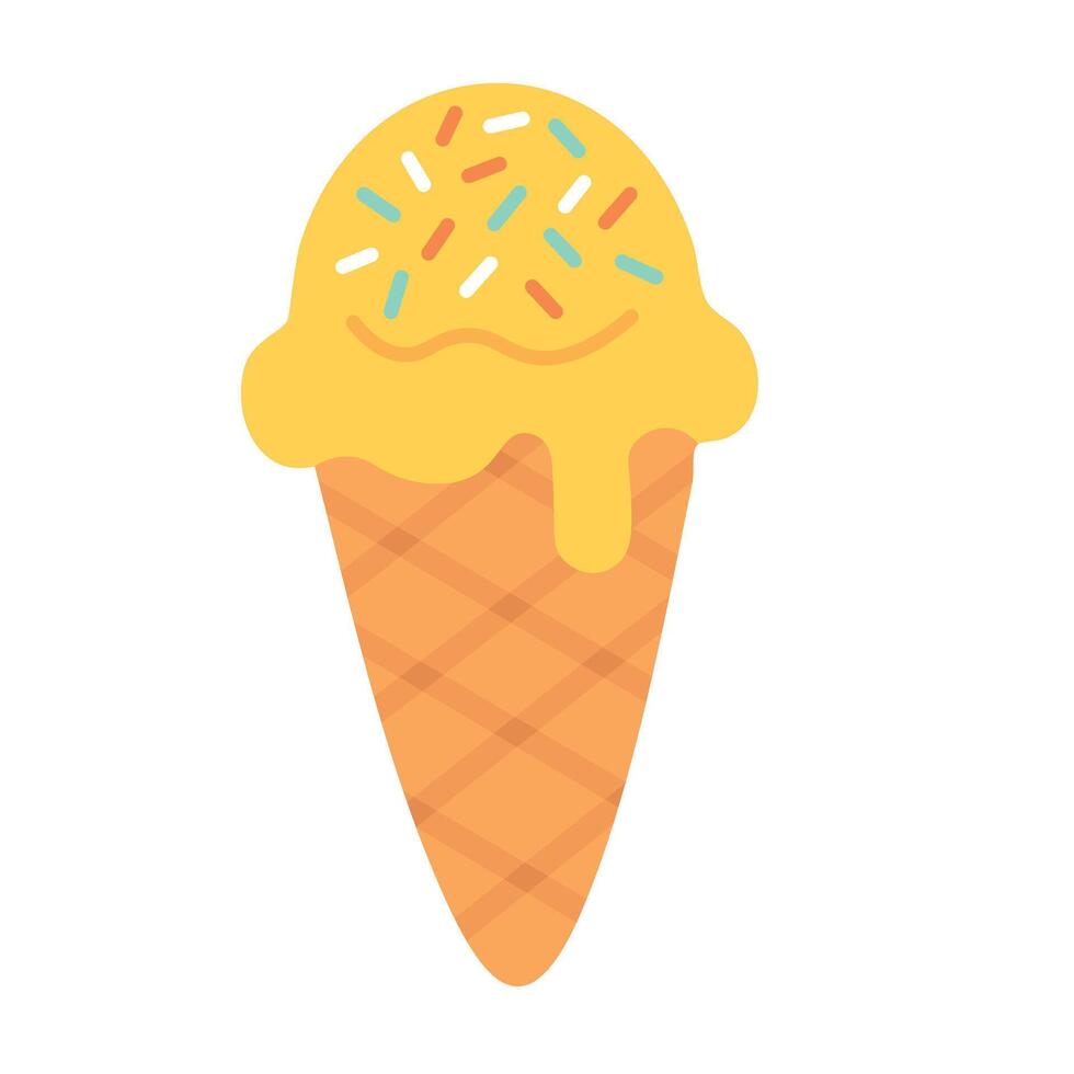 Yellow ice cream scoop with colorful sprinkles in waffle cone, perfect for summer designs. vector