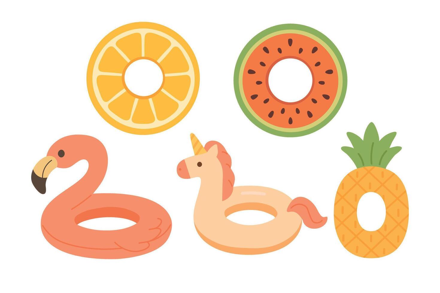 Cartoon summer collection of inflatable swim rings shaped like fruits and animals in flat style. vector