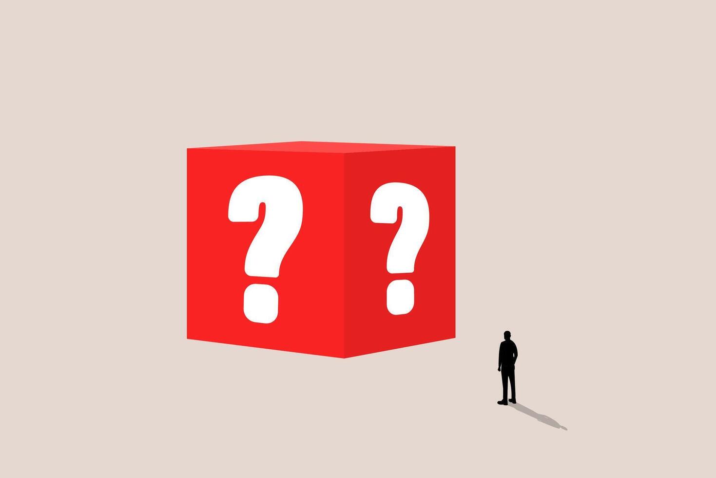 Businessman stands in front of a question mark cube, hoping to seize an opportunity. vector