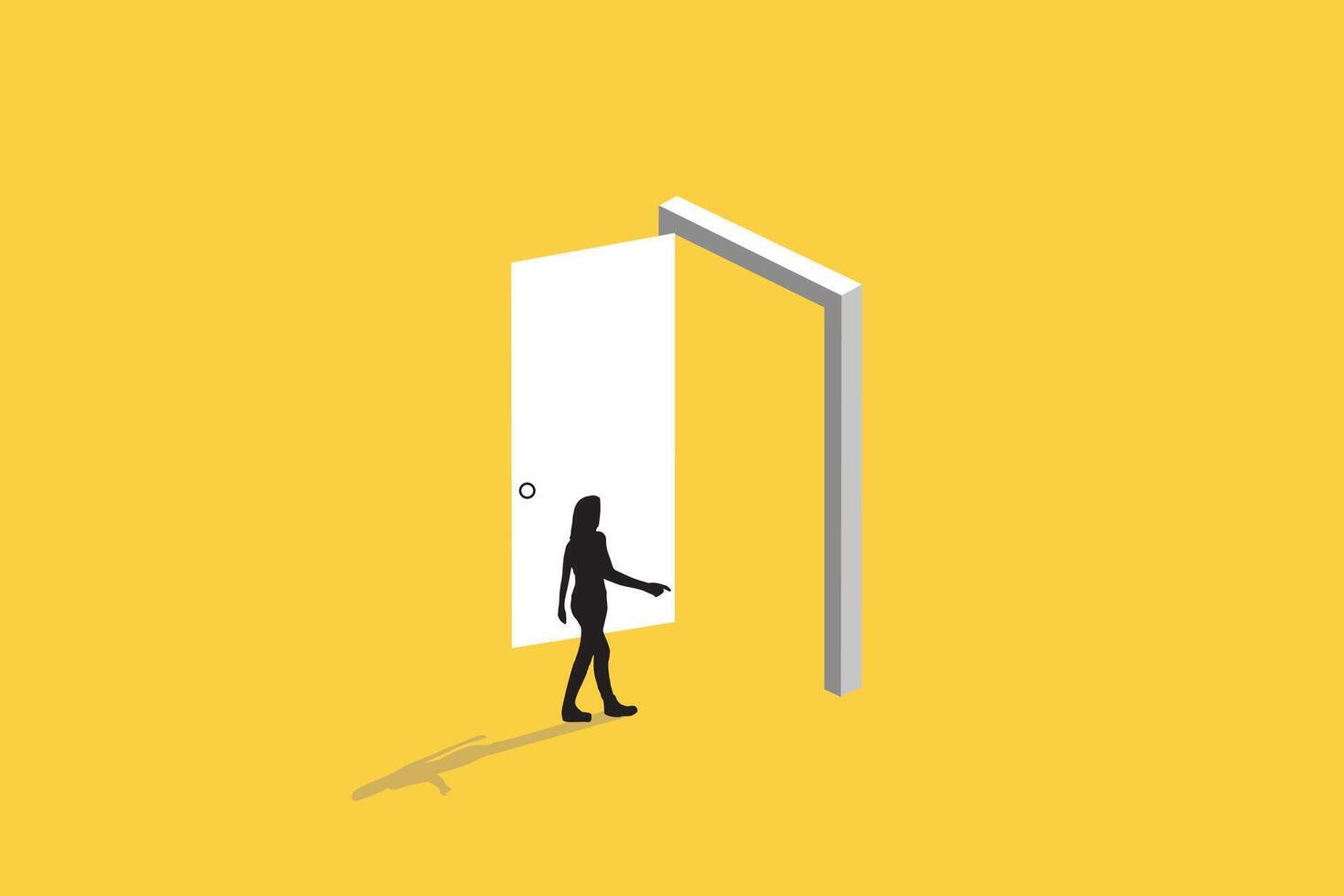 Business opportunity or career success concept with woman walking enter door. Symbol of courage, ambition, having a goal vector