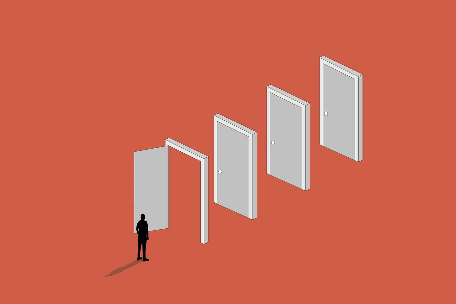 Business opportunity or success concept with man walking enter door. Symbol of courage, ambition, having a goal, inspiration vector