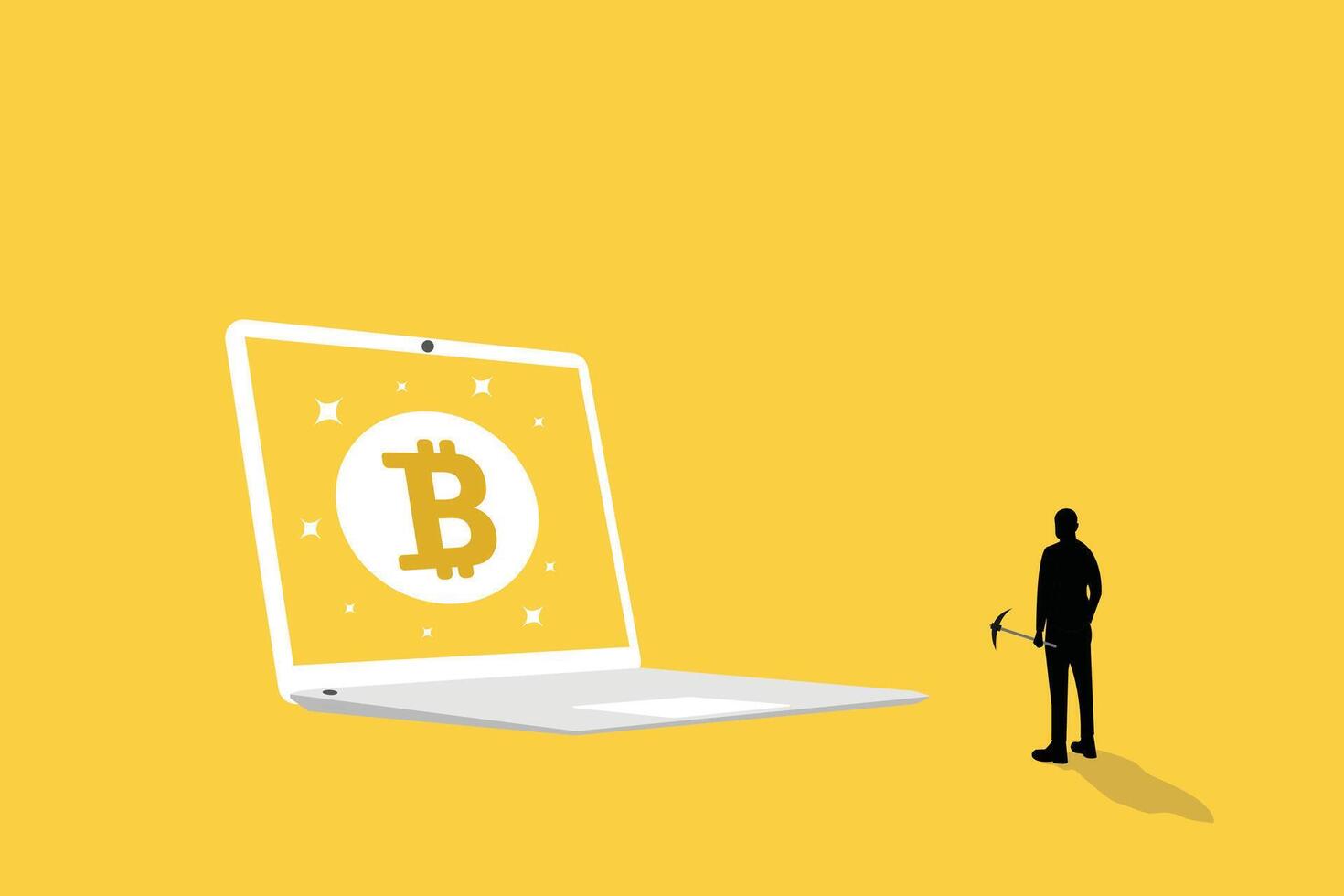 Male investor digging Bitcoin and watching cryptocurrency mining. concept of Bitcoin mining and blockchain technology, Process by which new Bitcoins are created in the system, New financial innovation vector