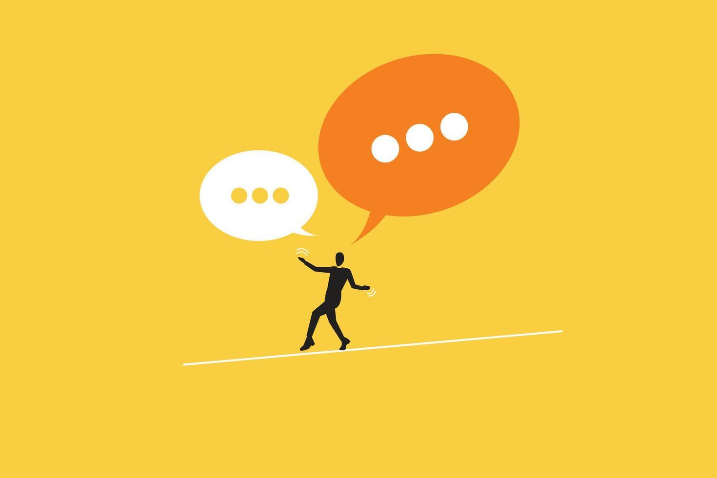 Businessman balance on line with speech bubble. concept of success, teamwork meeting or debate to get solution, opinion message vector