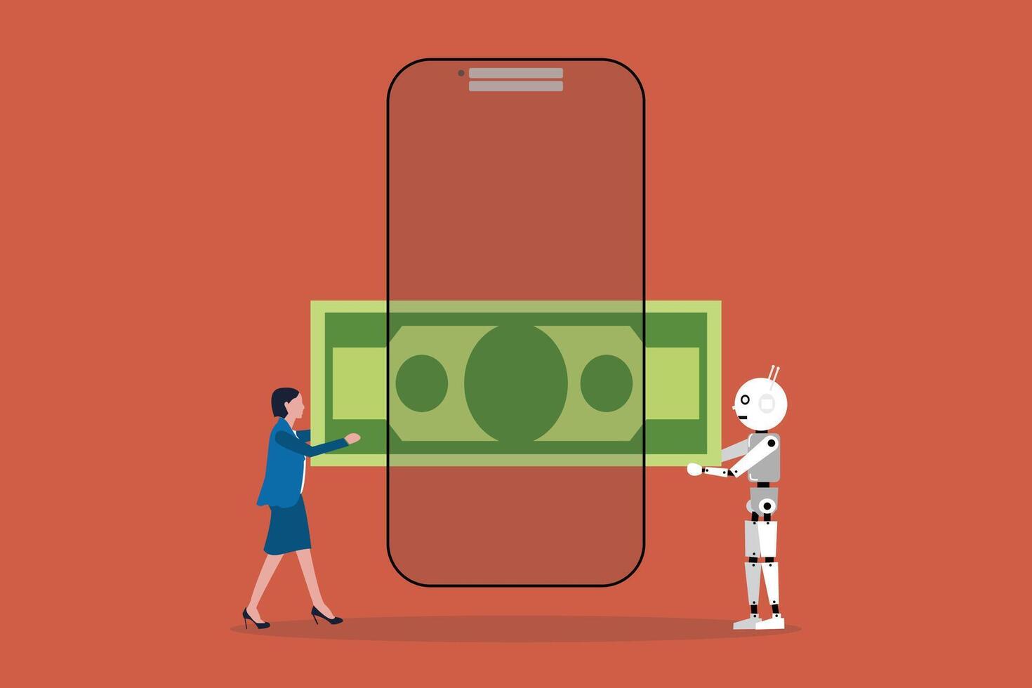 woman dan robot transaction money through smartphone online money transfer. concept of receive cash earnings application. Wireless wallet commerce cellphone customer people vector