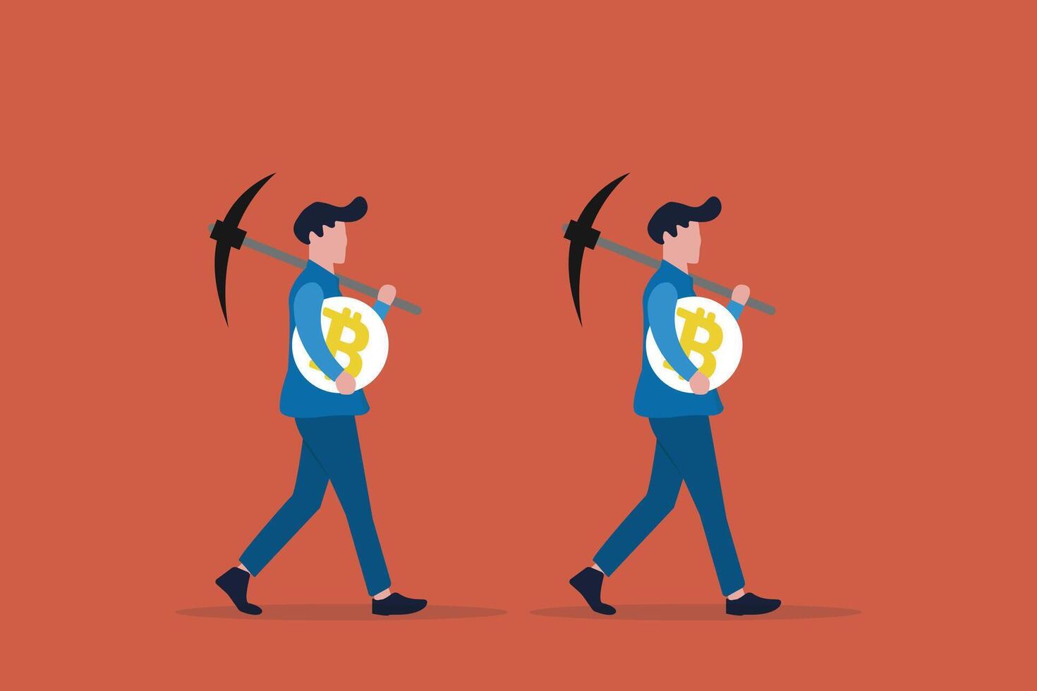 male investor digging Bitcoin. concept of Bitcoin mining and blockchain technology, Process by which new Bitcoins are created in the system vector