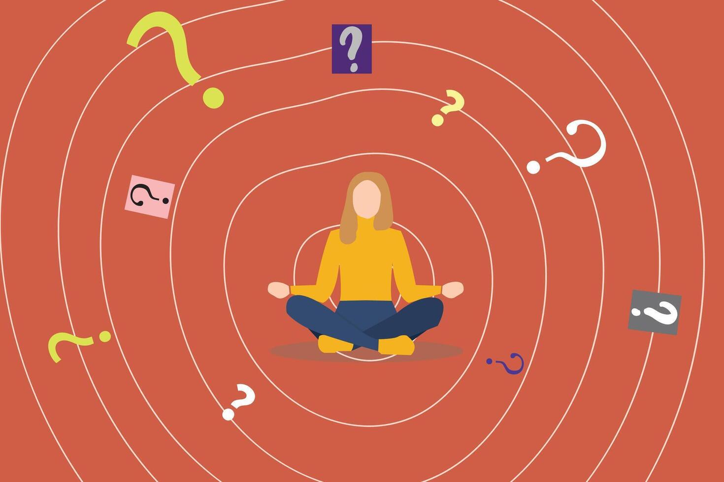 Business woman sitting cross legged and thinking, question marks filled with brain. concept of doubt choice, make decision and option vector