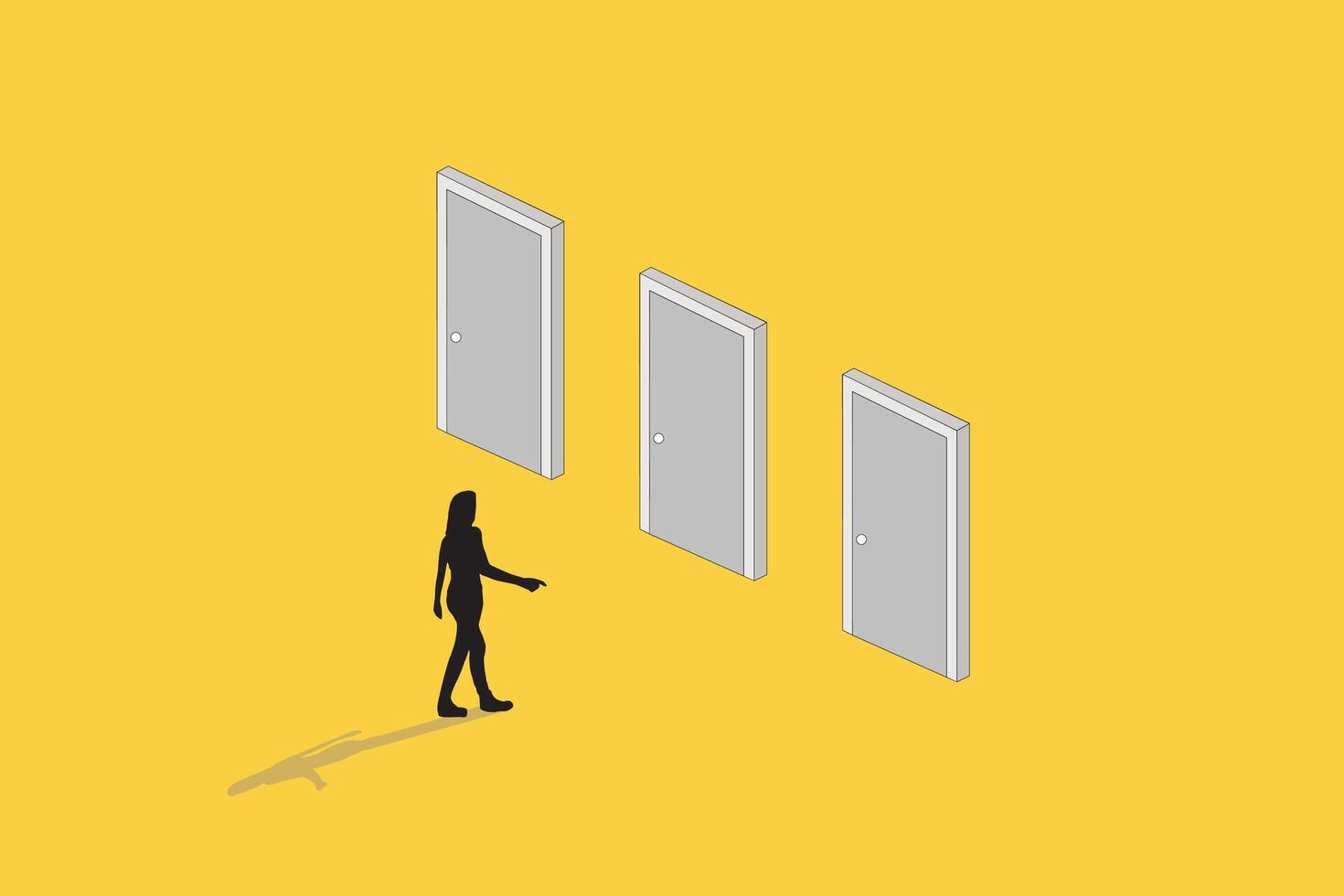 Business opportunity or career success concept with woman walking enter door. Symbol of courage, ambition, having a goal, inspiration. 10 vector