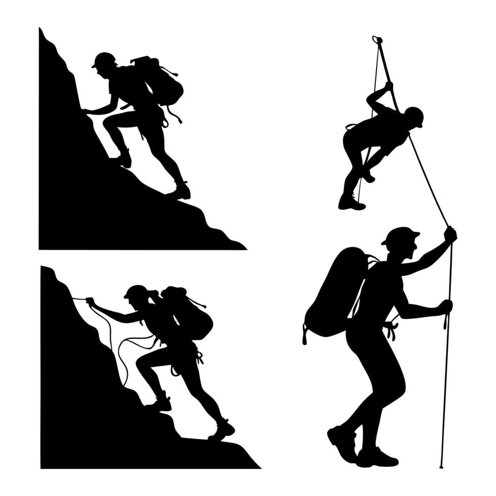Black Silhouette of Men Climbing Rock Mountains Illustration vector