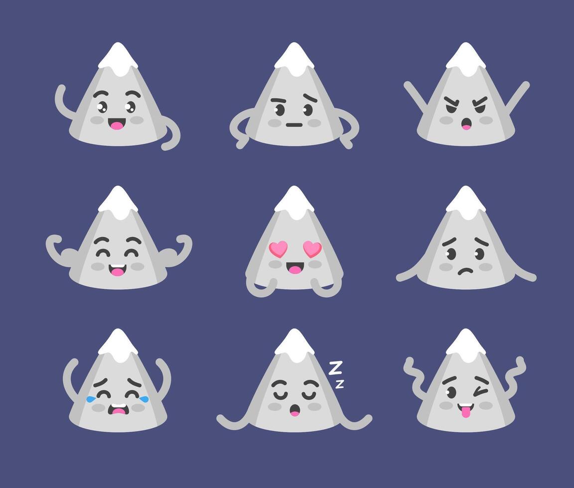 Mountain character poses and emotions set, mascot of travel, sports and extreme in cartoon kawaii style vector