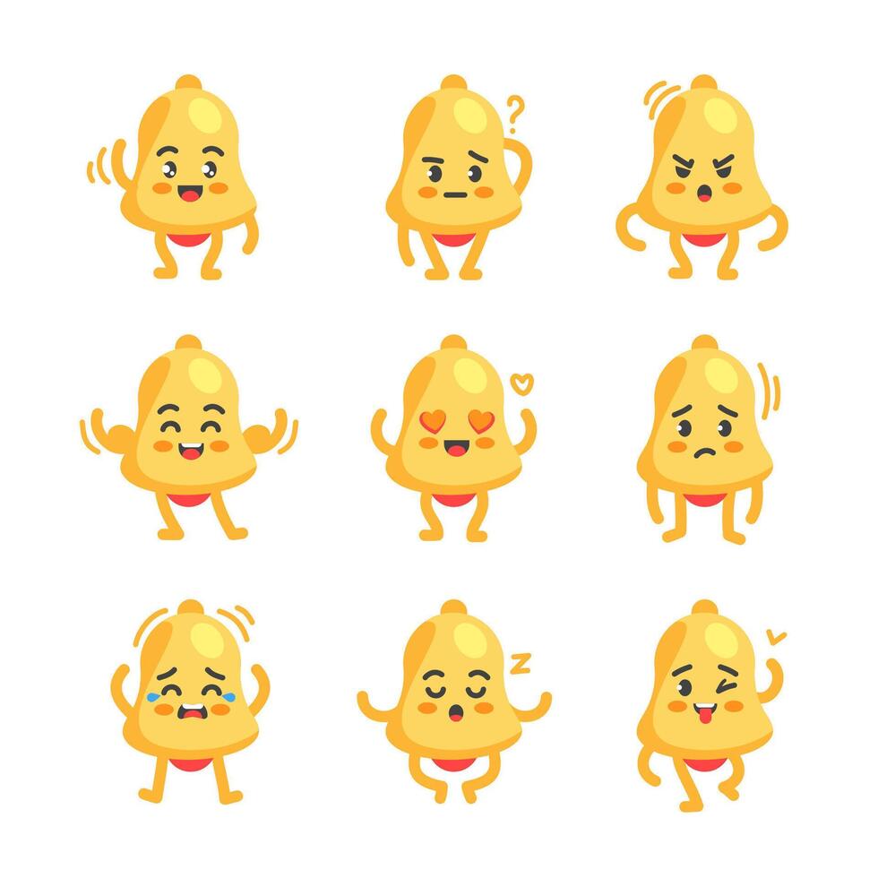 Bell character pose and emotion set, signal, alert and attention mascot in cartoon kawaii style vector