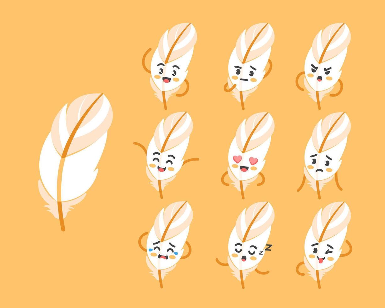 Feather character poses and emotions set, mascot of literature, art, style and history in cartoon kawaii style vector