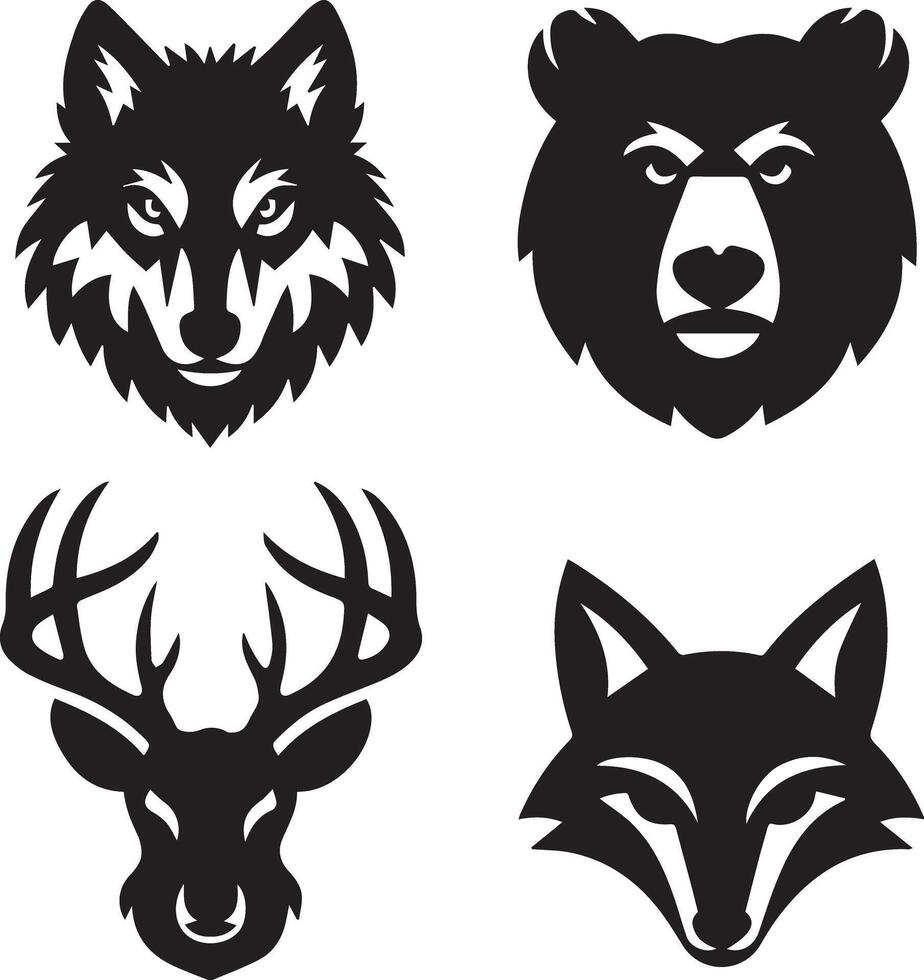 Deer, lion, wolf and fox face icon style silhouette image vector