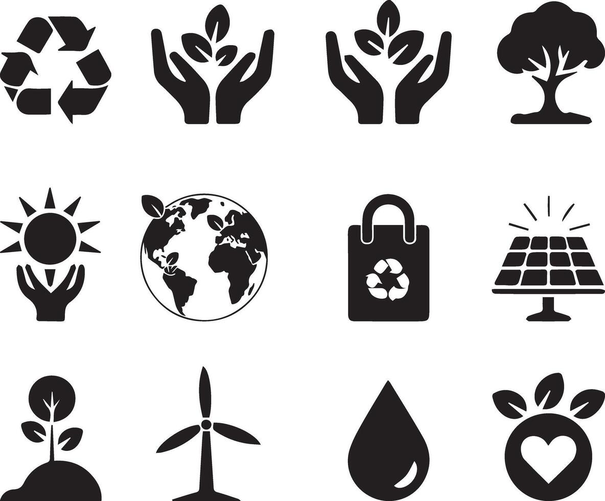 Eco friendly logo set in silhouette style, featuring leaves, trees, recycling symbols, and sustainable, organic, environmentally-friendly design elements. vector