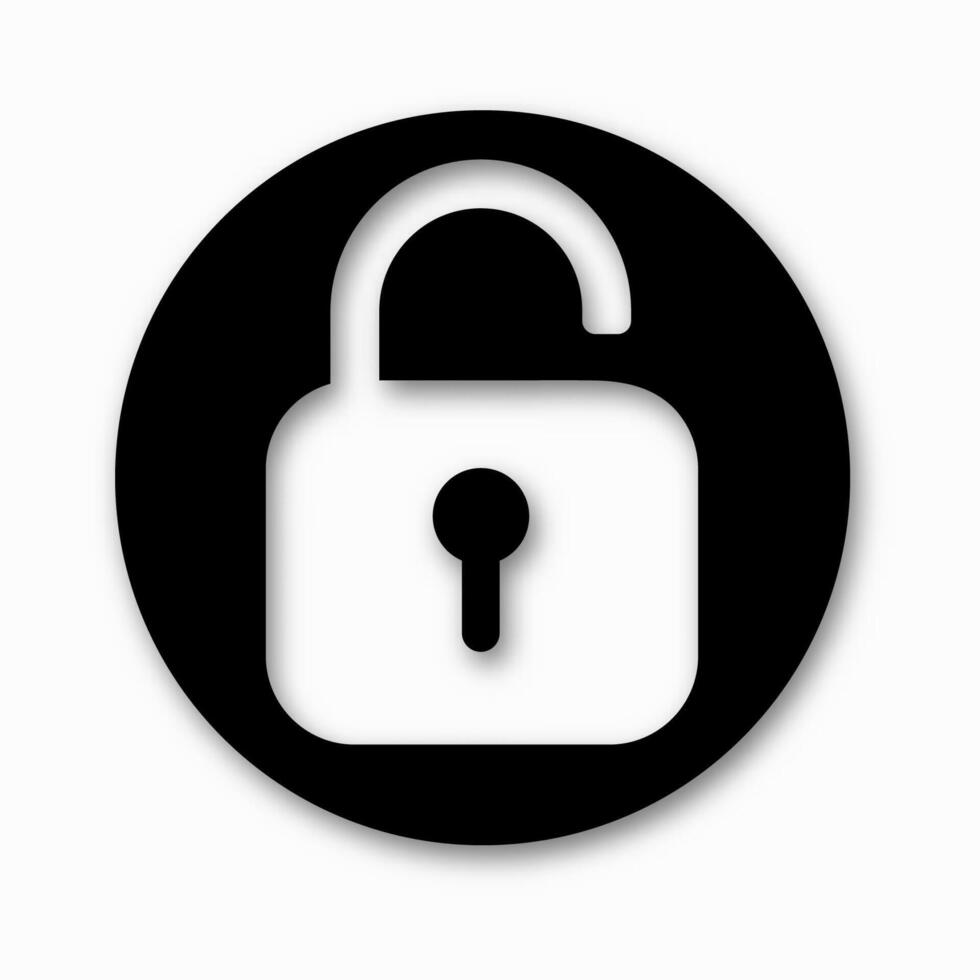 Icon of a black unlock padlock with a sign on a white background. Digital representation of safety and privacy. vector