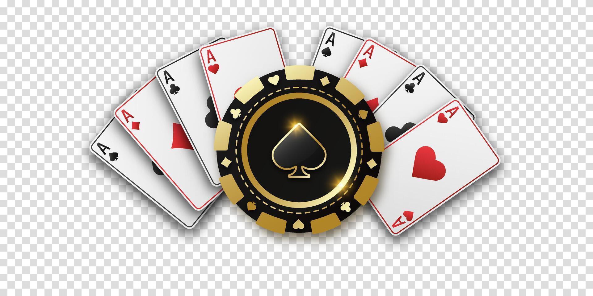 Gambling chip with spades symbol and fan of cards showing aces of spades, hearts, diamonds, clubs. Concept for poker and casino. Banner for web application, online betting or game platform vector