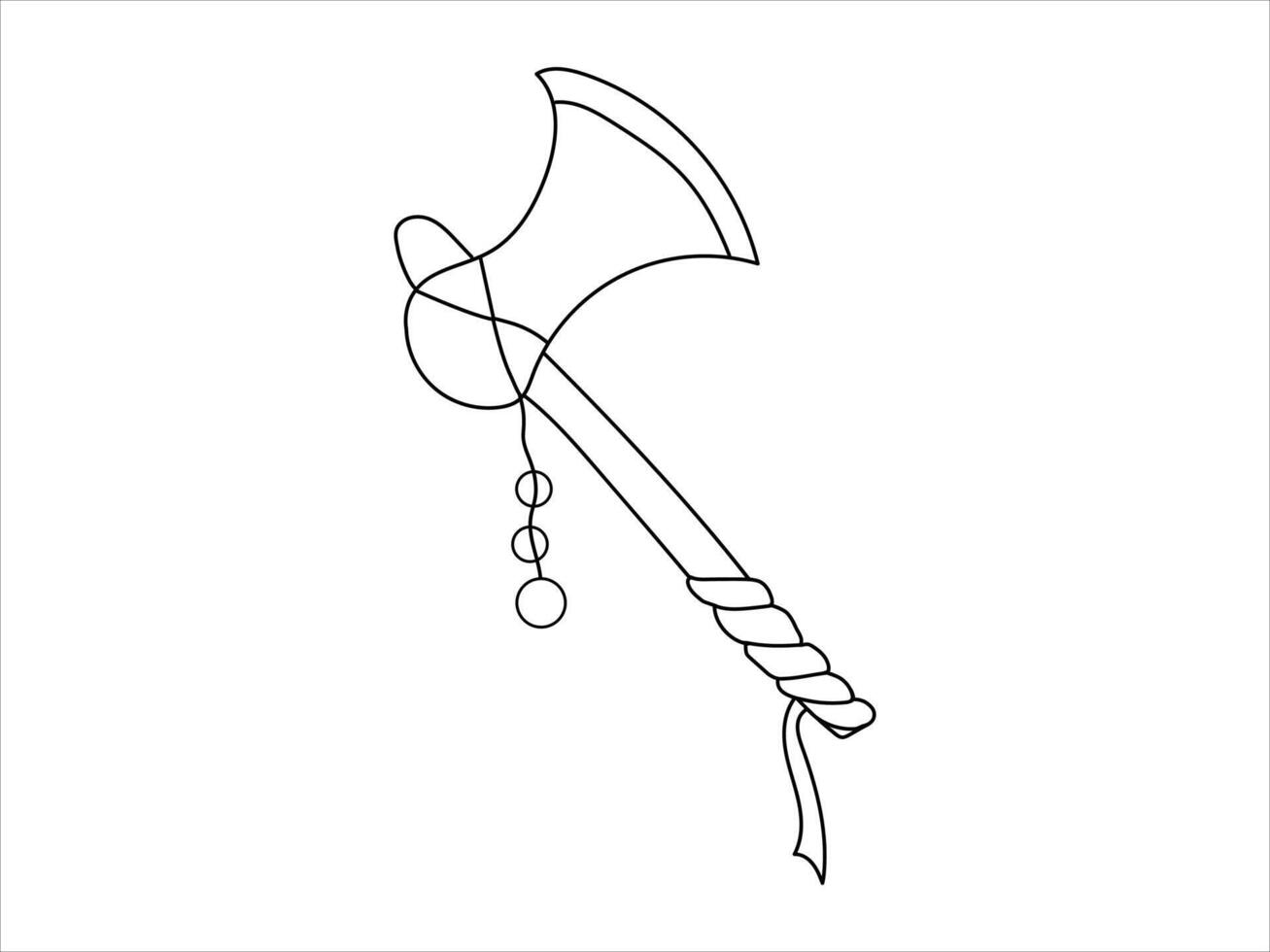 Black Continuous Line Drawing of Viking Axe with Decorative Elements isolated on White Background. Concept of Nordic Weapon, Minimalist Art, Historical Tool, Single Line Art for Design and Decoration vector