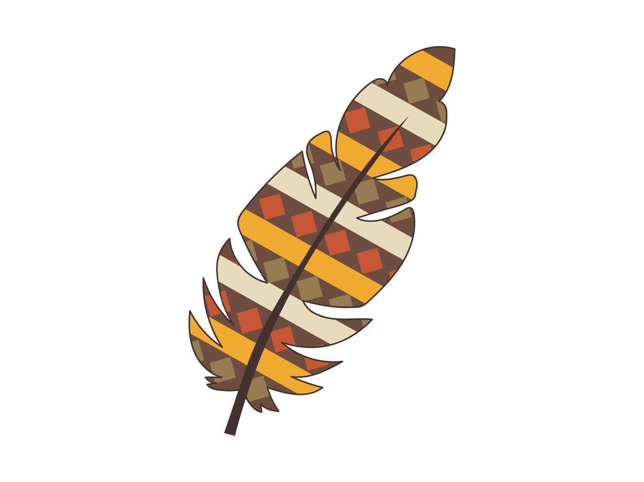Colorful Bohemian Feather Illustration with Ethnic Patterns isolated White Background. Concept of Nature Art, Tribal Design, Boho, Graphic Ornament for Decoration and Print, Bird Feather vector