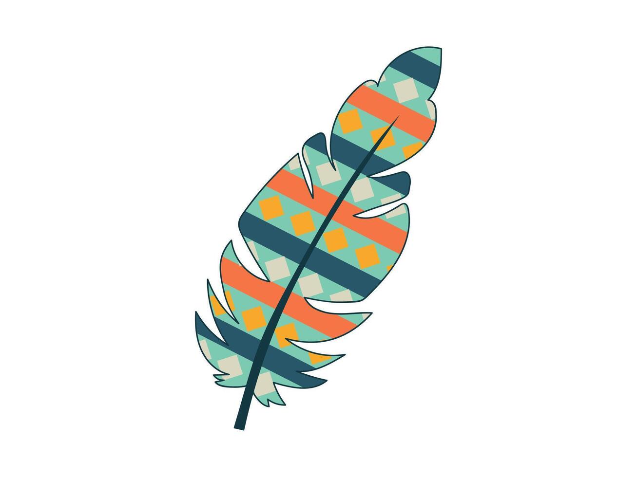 Colorful Geometric Feather Illustration on isolated White Background. Concept of Tribal Art, Boho, Bird Feather, Ethnic Pattern, Creative Design Element, Vibrant Decoration, Artistic Graphic vector