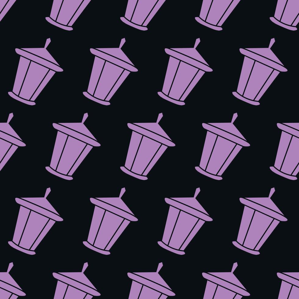 Pink Lanterns Street Lamps on Black Background. Seamless Pattern. Concept of Urban Light Patterns, Night Illumination, Repetitive Design, Modern Decor Elements, Seamless Wallpaper. vector