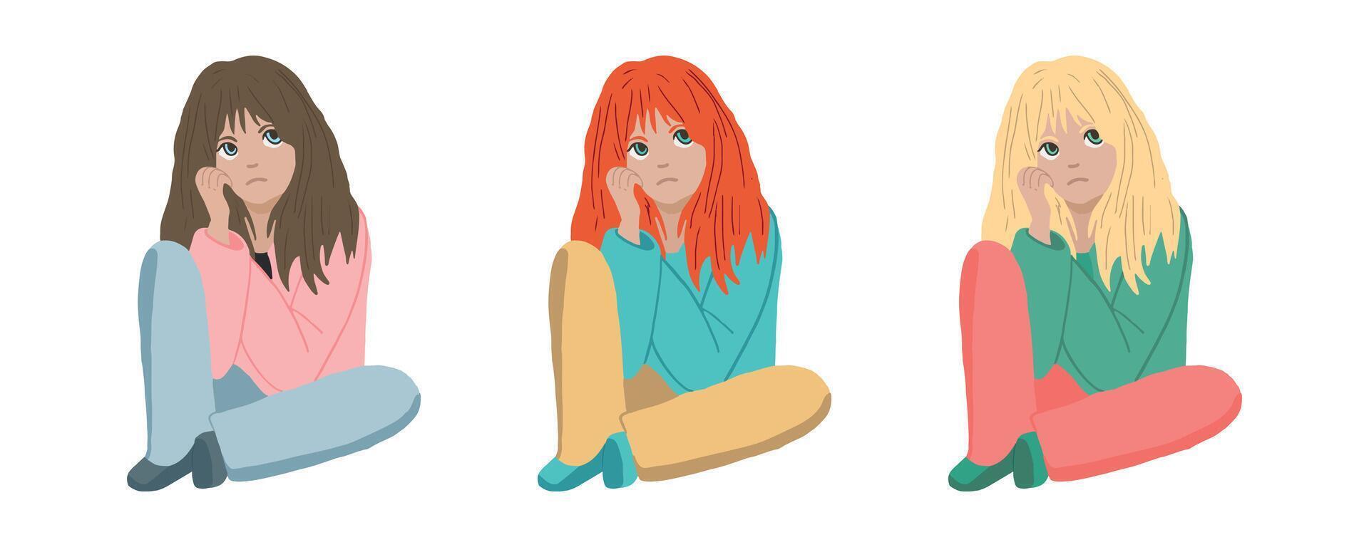 Set of Sad and Thoughtful Women Sitting in Melancholy and Depression. Collection of Young Females with Different Hair Colors Feeling Lonely. Mental Health Emotional Distress Solitude. White background vector
