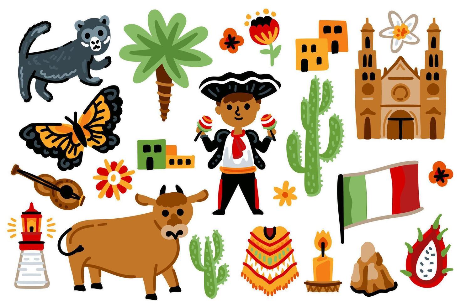 Set of Latin American elements. Symbols of Mexico. Nature, animals, characters, objects. For maps and children's designs. Travel landmarks illustrations. vector