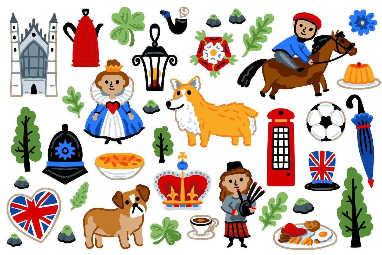 London set, United Kingdom Cartoon Icons, queen, guard, tea vector