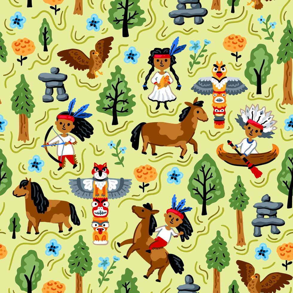 Bright children seamless pattern with American native indians. Childish background. Cheerful characters with animals and plants. Totem, eagle, horse vector