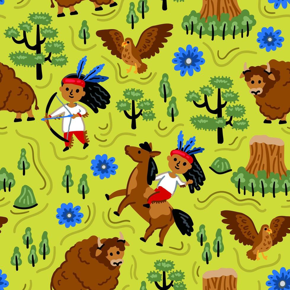 Bright cheerful children seamless pattern with American native indians. Childish background. Cheerful characters with animals and plants. Bison, eagle, horse vector