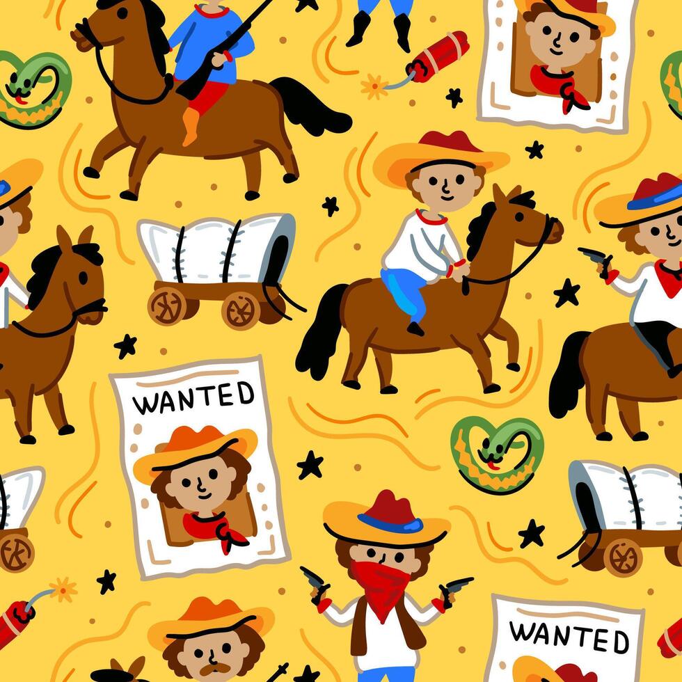 Cowboy native pattern. Bright children seamless with American western cowboy from wild west rural Landscape. Childish background. Wild West. Texas. Cheerful characters with animals and plants. vector
