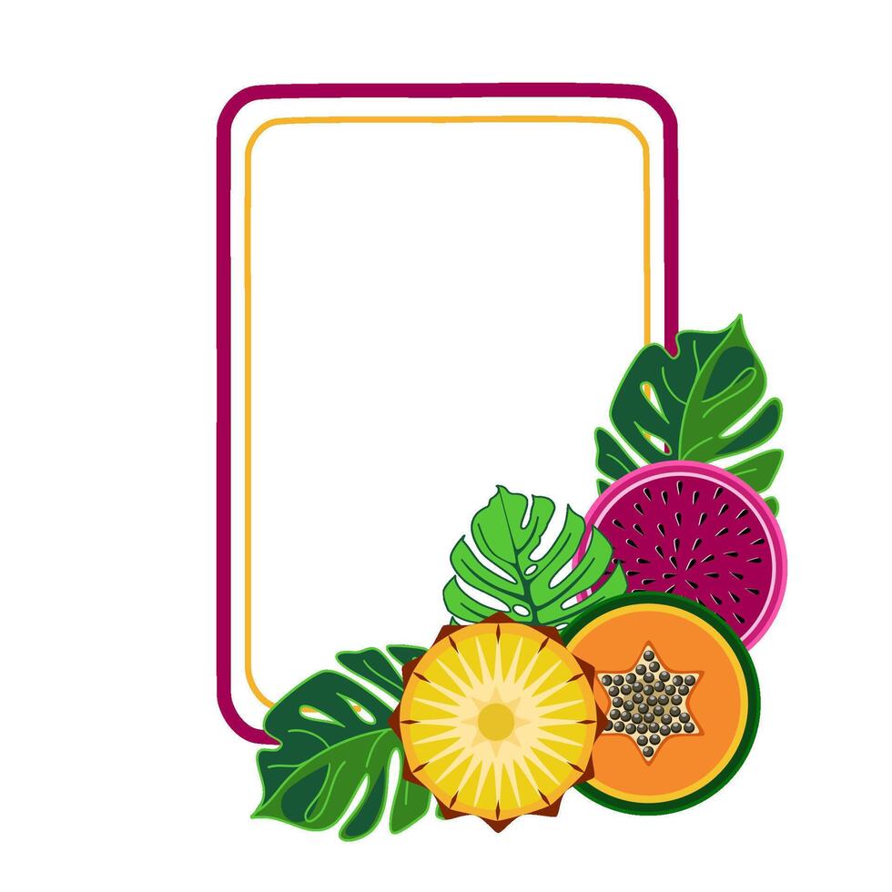 Tropical frame with exotic fruits and monstera leaves vector