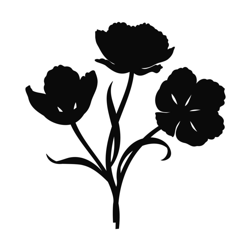 Blooming tulips bouquet silhouette, minimal style. Beautiful black flower shapes. Hand drawn element for Easter, Mother Day, Canadian Tulip Festival vector