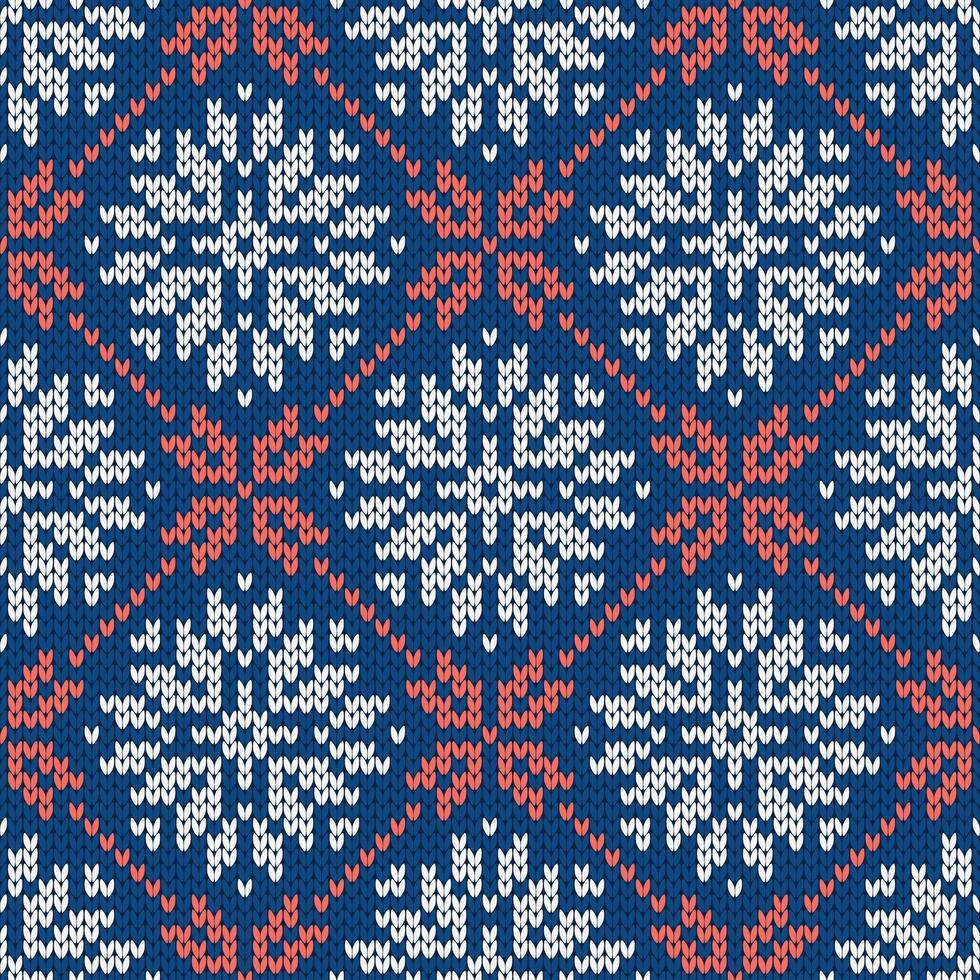 Christmas and New Year traditional knitted seamless pattern with snowflakes. Norwegian style sweater. Wool texture, illustration. Holiday background, blue red vector