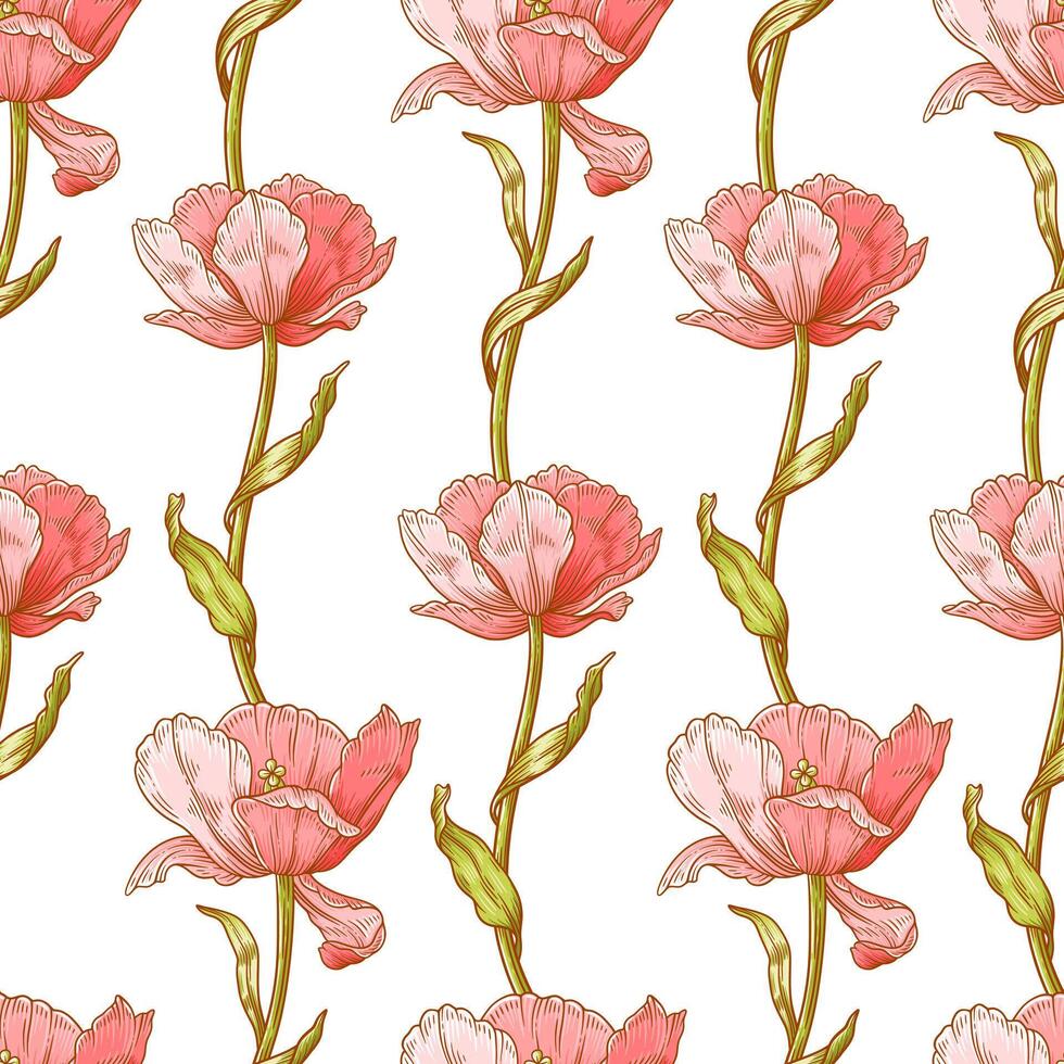 Floral seamless pattern with tulips. Beautiful elegant flowers with leaves. Spring or summer retro wallpaper, template for fashion design. Botanical print on white background vector