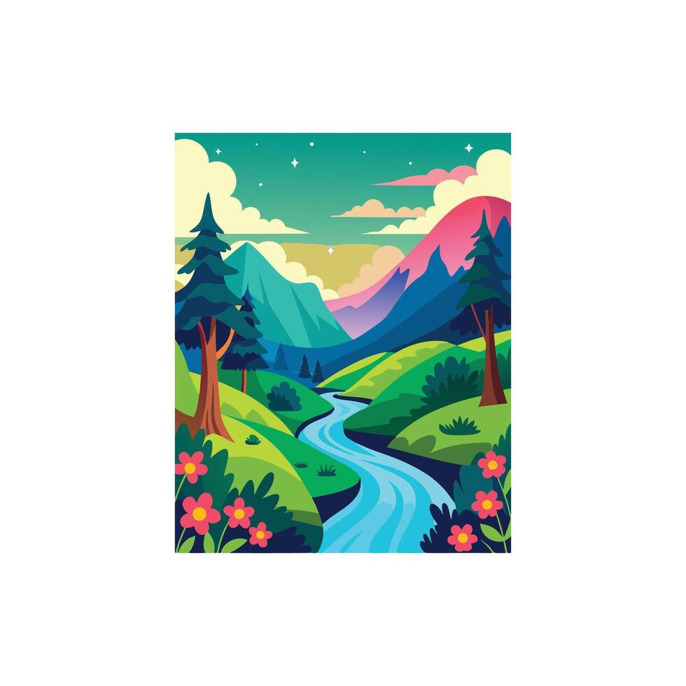 Tranquil Nature Scene with Trees and Mountains vector