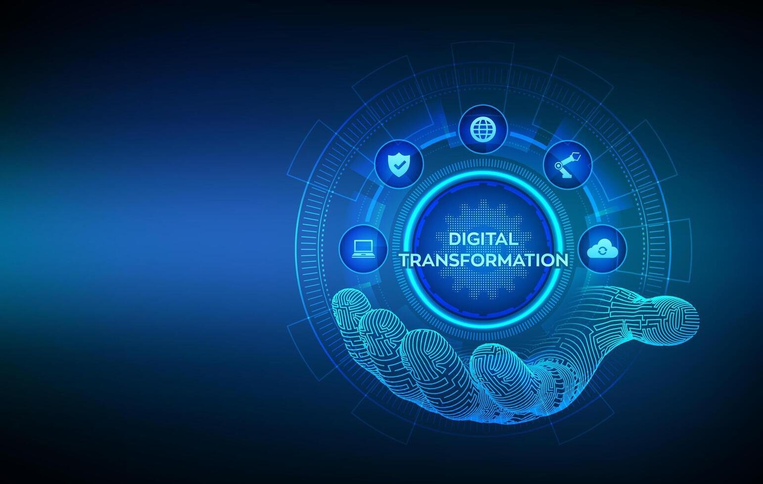 Digital transformation. Concept of digitization of business processes and modern technology. Digital transformation icon in wireframe hand. Disruption, innovation solutions. illustration. vector