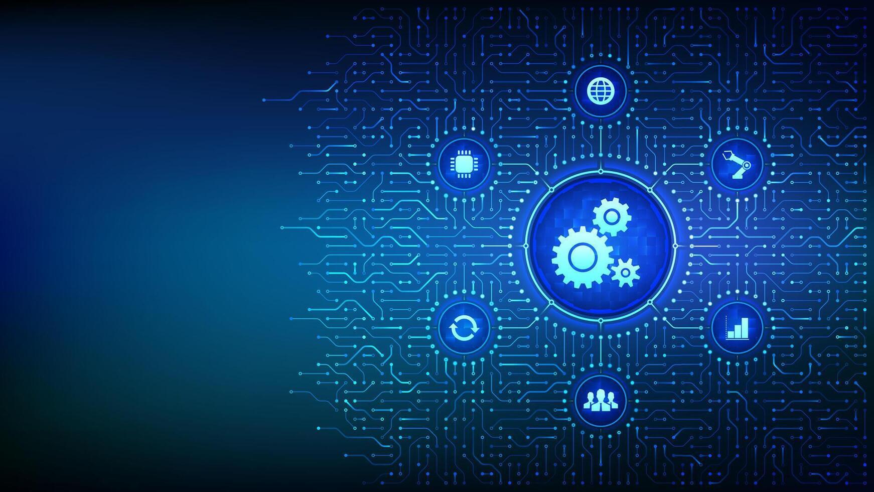 Robotic Process Automation software. RPA. IOT and Automation technology concept. Smart industry. Improving productivity. Background with circuit board connections and tech icons. Illustration. vector