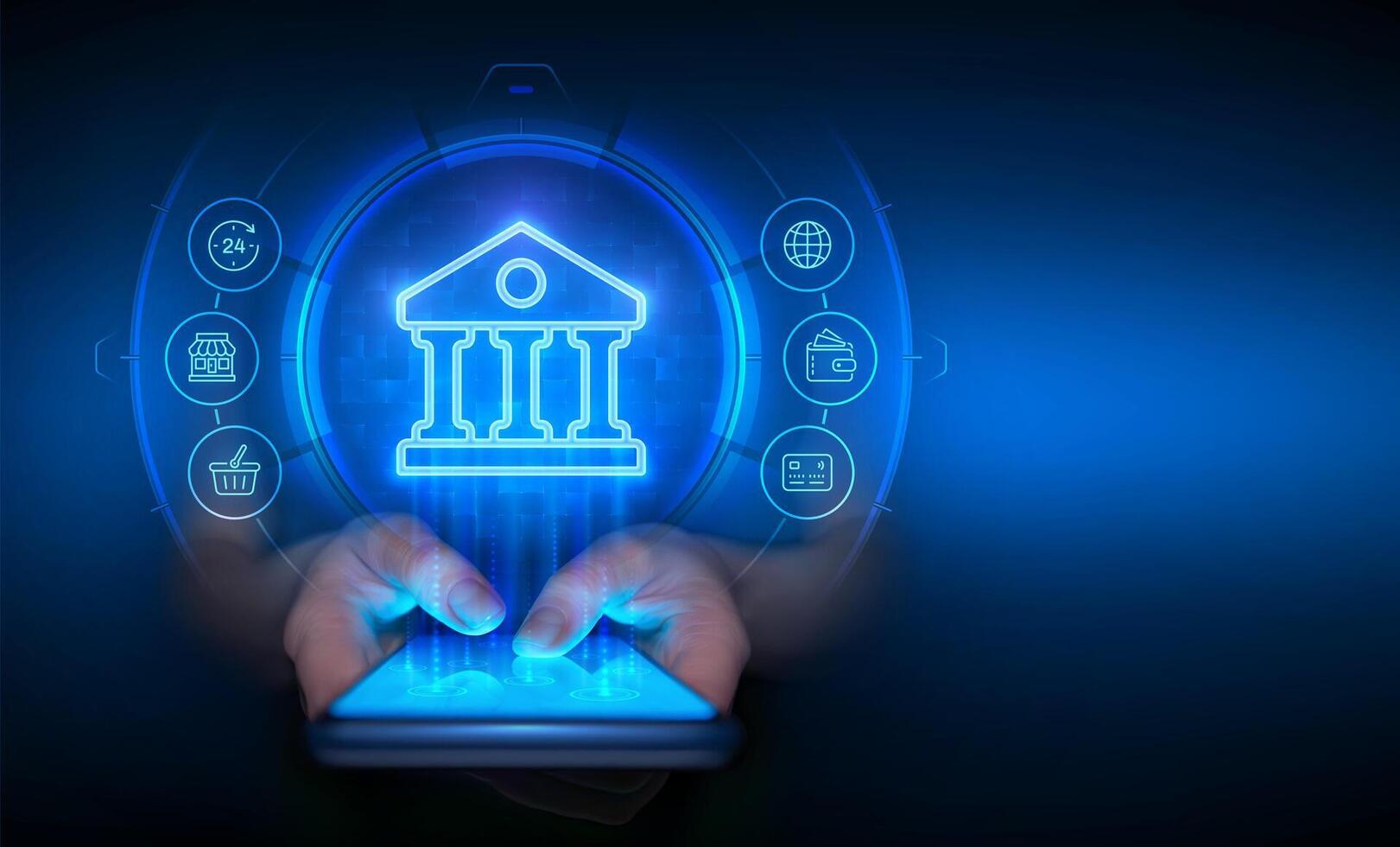 Banking service. Online banking app on a smartphone. Global internet connection for finance and banking. Financial transactions in online banking. Fintech API. Smartphone in hands. vector