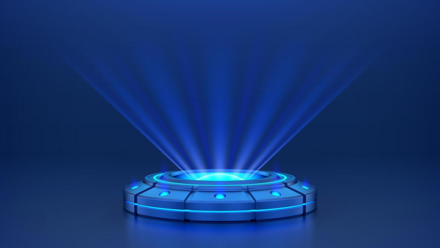 Hologram platform with blue glowing neon lights. 3D holographic podium with beams for product display presentation. Futuristic hologram projector. Sci-fi hologram circle base. illustration. vector