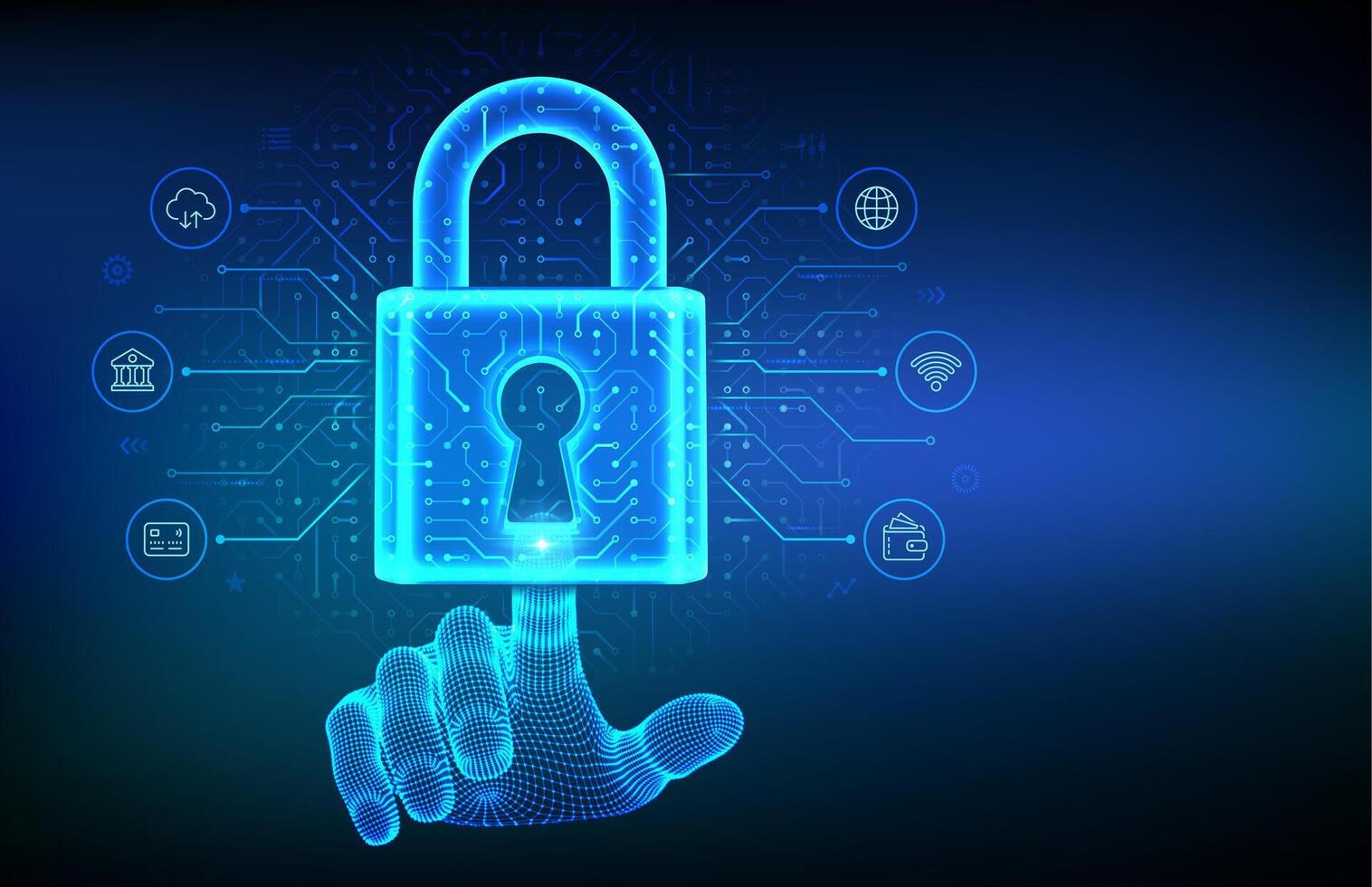 Cyber security and data protection concept. Padlock with keyhole. Network safety. Information privacy idea. Circuit board pattern. PCB printed circuit texture. Hand touching digital interface. . vector
