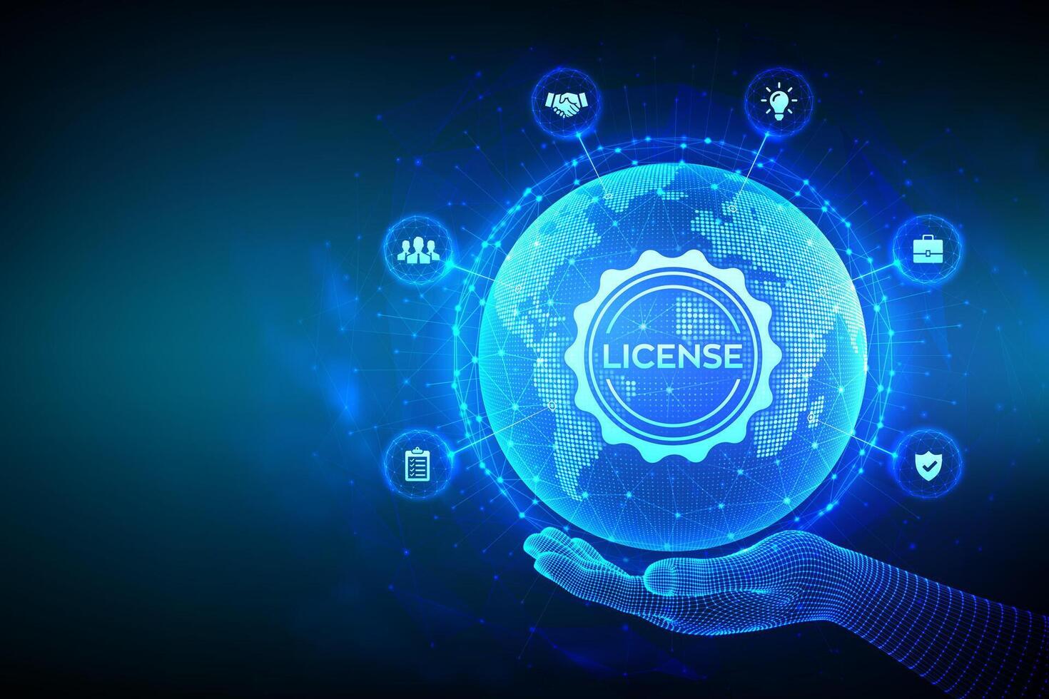 Licensing. License agreement concept. Copyright protection law license property rights. World map point line composition. Earth planet globe in wireframe hand vector