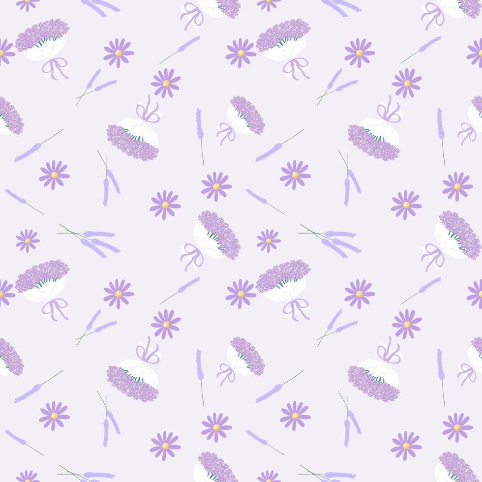 Seamless pattern with stylishly arranged purple flowers scattered on a light purple background. The design has a vintage feel. vector