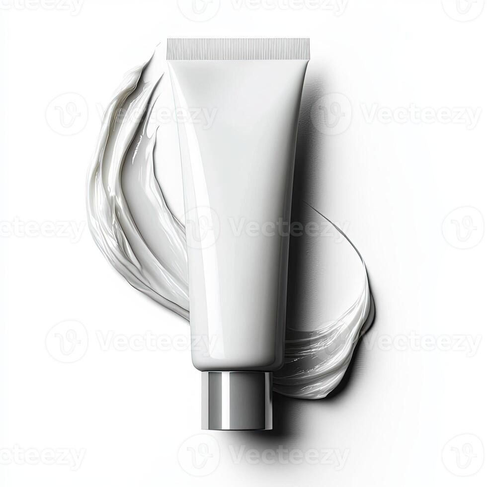 Soft face cream oozing from tube, gently spreading on white. photo