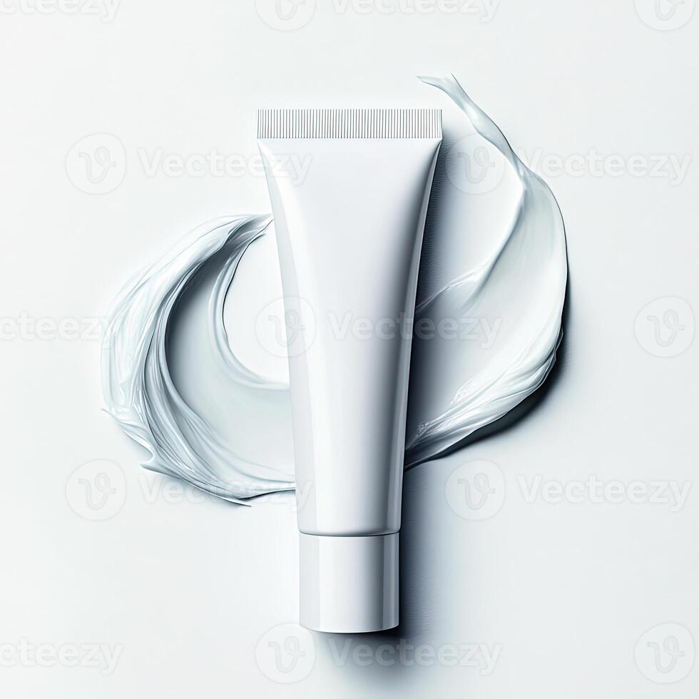 Realistic image of face cream tube with smooth spread on white. photo