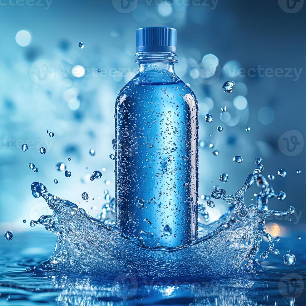 Blue water splash and droplets surrounding a bottle in serene setting. photo