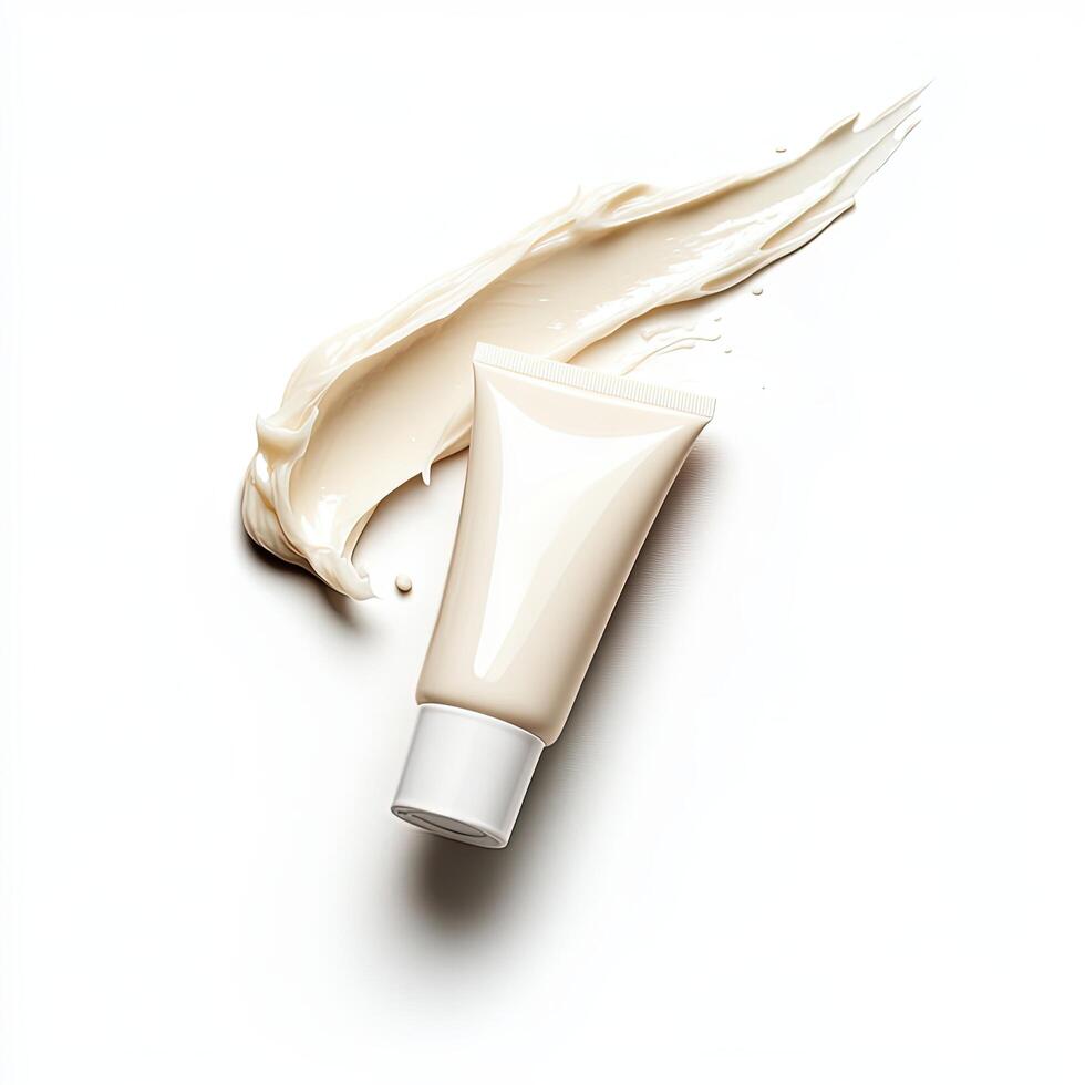 Fresh face cream from tube, gently spreading on white background. photo