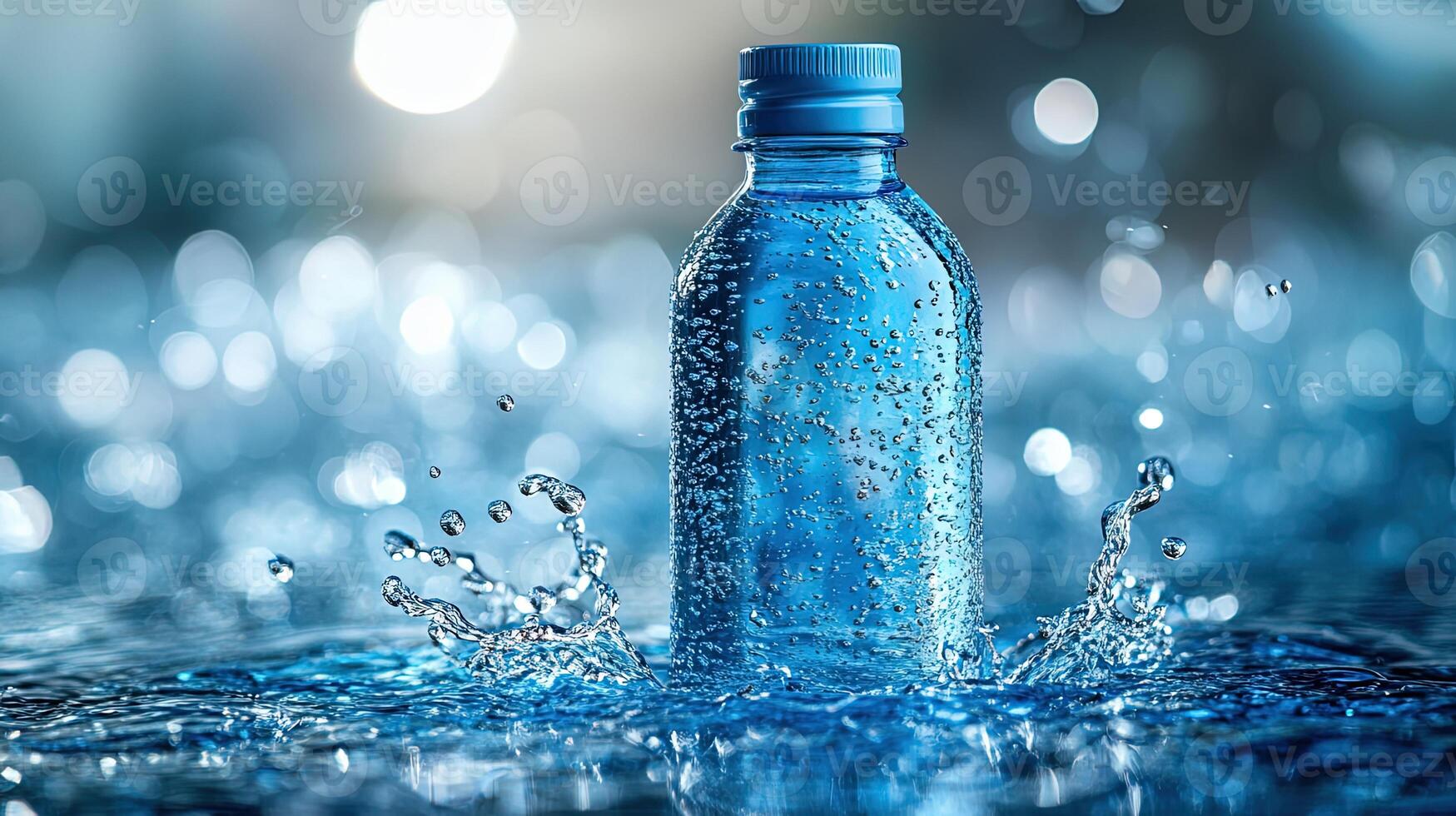 Product display with bottle on blue water splash and droplets. photo