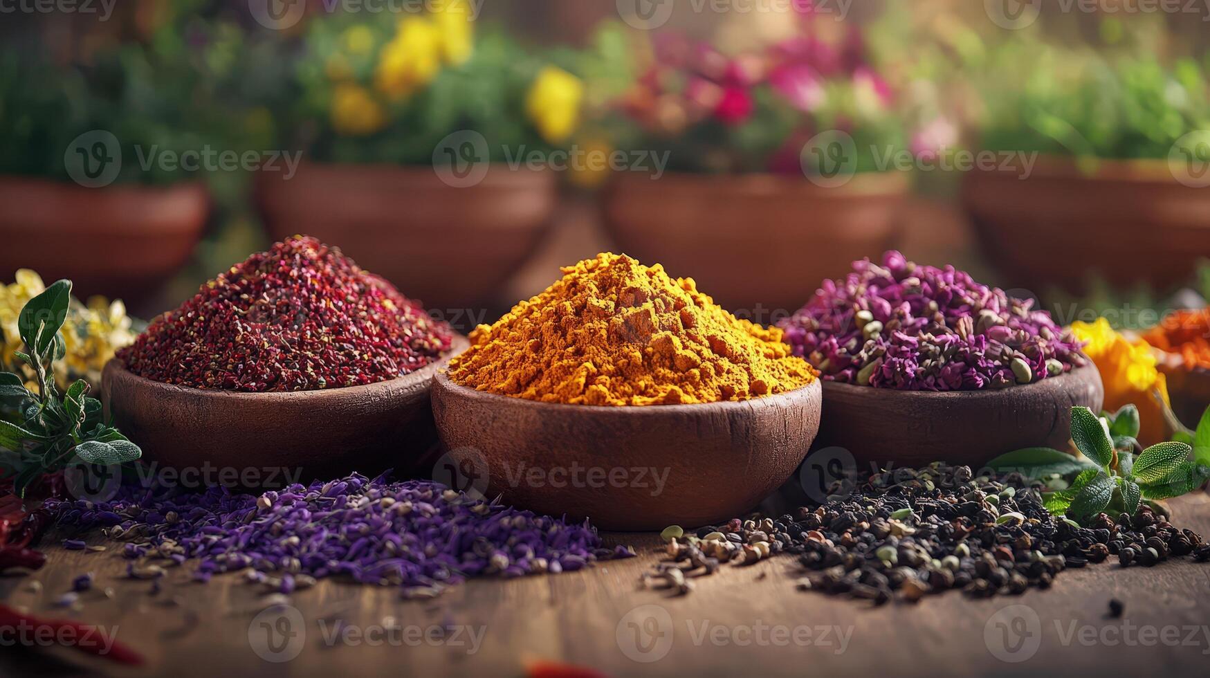 Realistic Photo of Spices Arranged Beautifully in Local Market Scene