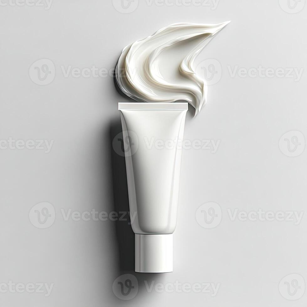 Creamy texture of face cream on white, tube in focus. photo