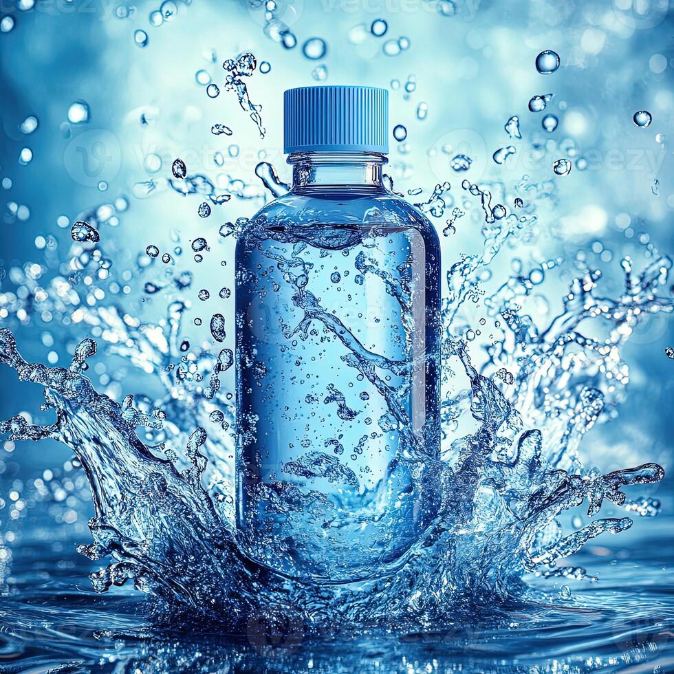 Serene bottle on blue water splash with soft gradient and splashing. photo